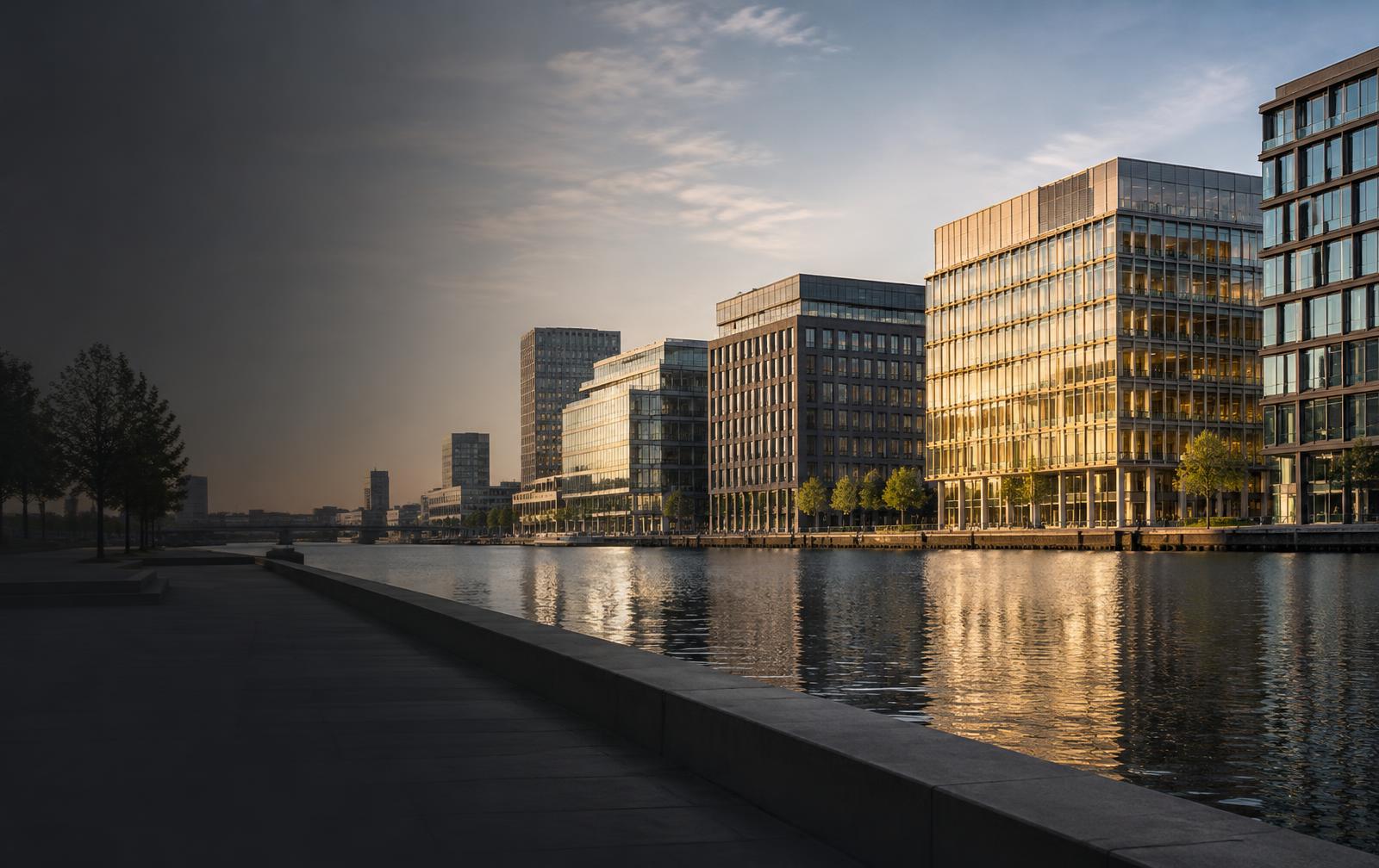 Kantoorarchitectuur aan het water in Amsterdam